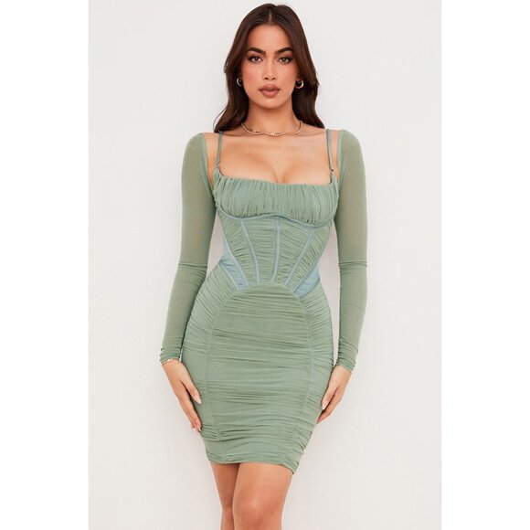House of CB Freyja Gathered Corset Dress Size M Sage Green Mesh & Satin - Picture 1 of 15